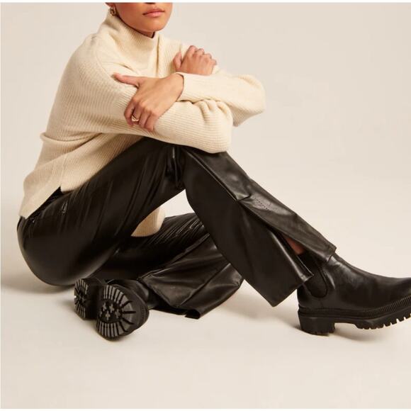 Abercrombie & Fitch Tall Black Vegan Leather High Rise Flare Side Slit Pants ML - Picture 1 of 9